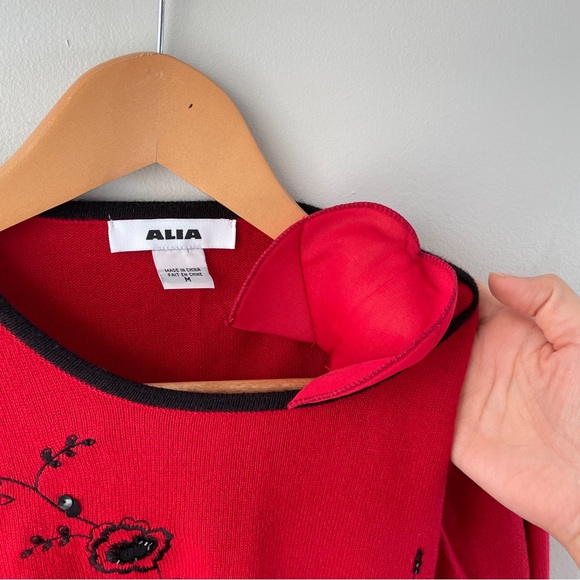 Alia Vintage Red Holiday Embroidered Floral Sweater with black accents - Picture 7 of 7